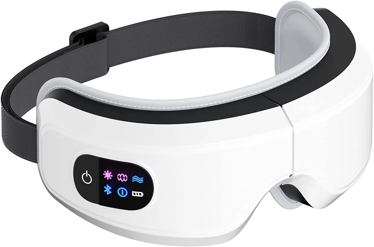 Augenmassagegerät mit Airbag-Kneten, konstante Temperatur, Heißkompresse, Multi-Frequenz-Vibration und Bluetooth-Musik (weiß)