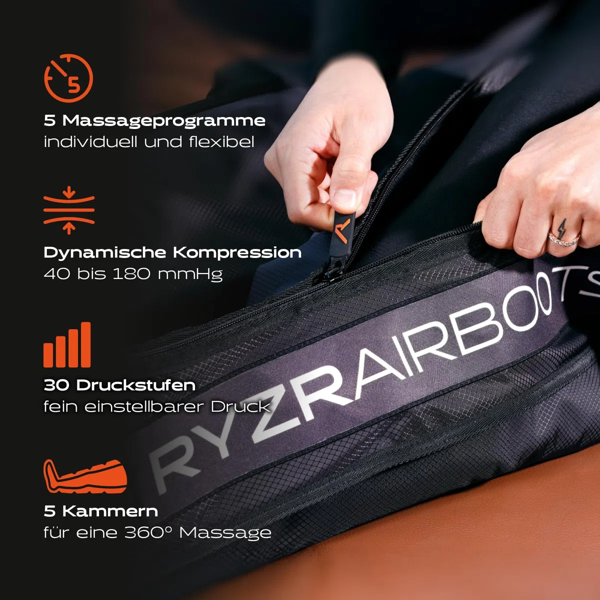 RYZR Airboots (XL) Kabellose Recovery & Kompressions Boots für Beine & Oberschenkel aus dem Profisport– 5-Kammer-System bis 180 mmHg, 5 Modis, Durchblutung, Lymphdrainage & Muskelregeneration