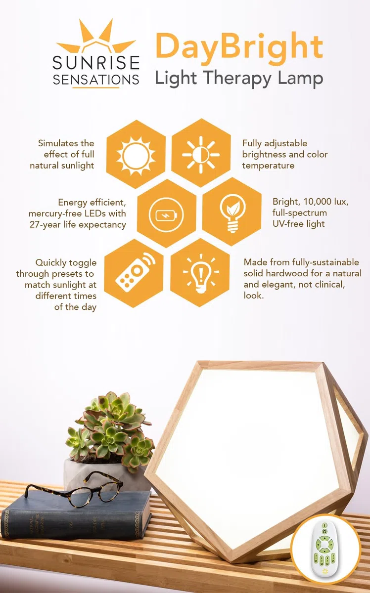 DayBright Light Therapy Lamp Full Spectrum, 10,000 LUX, UV-Free, Full Size, Adjustable Light Crafted from Solid Wood