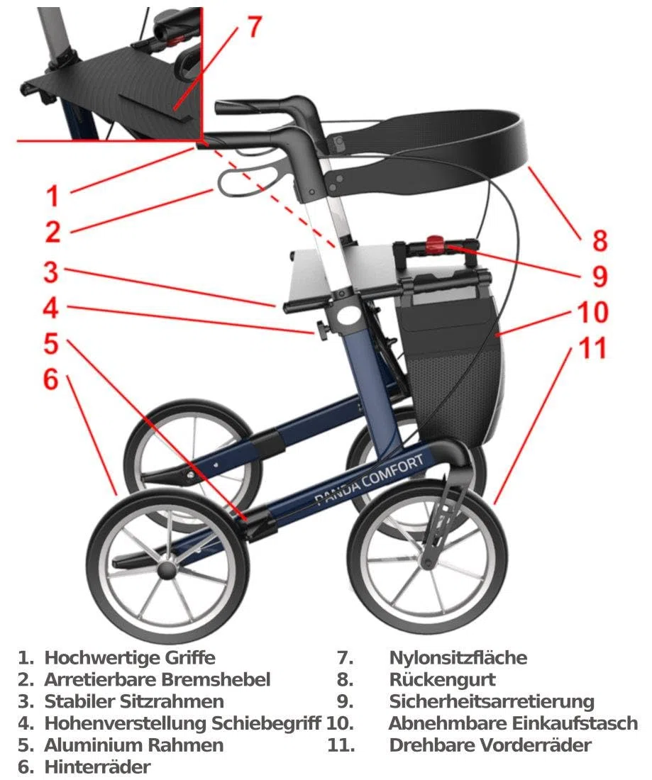 FabaCare Outdoor-Rollator mit Vollausstattung und Feststellbremse, Leichtgewichtrollator Panda Comfort mit Softrädern, Indoor-Rollator, faltbar, abnehmbare Tasche, Rückengurt, Stockhalter, Farbe blau