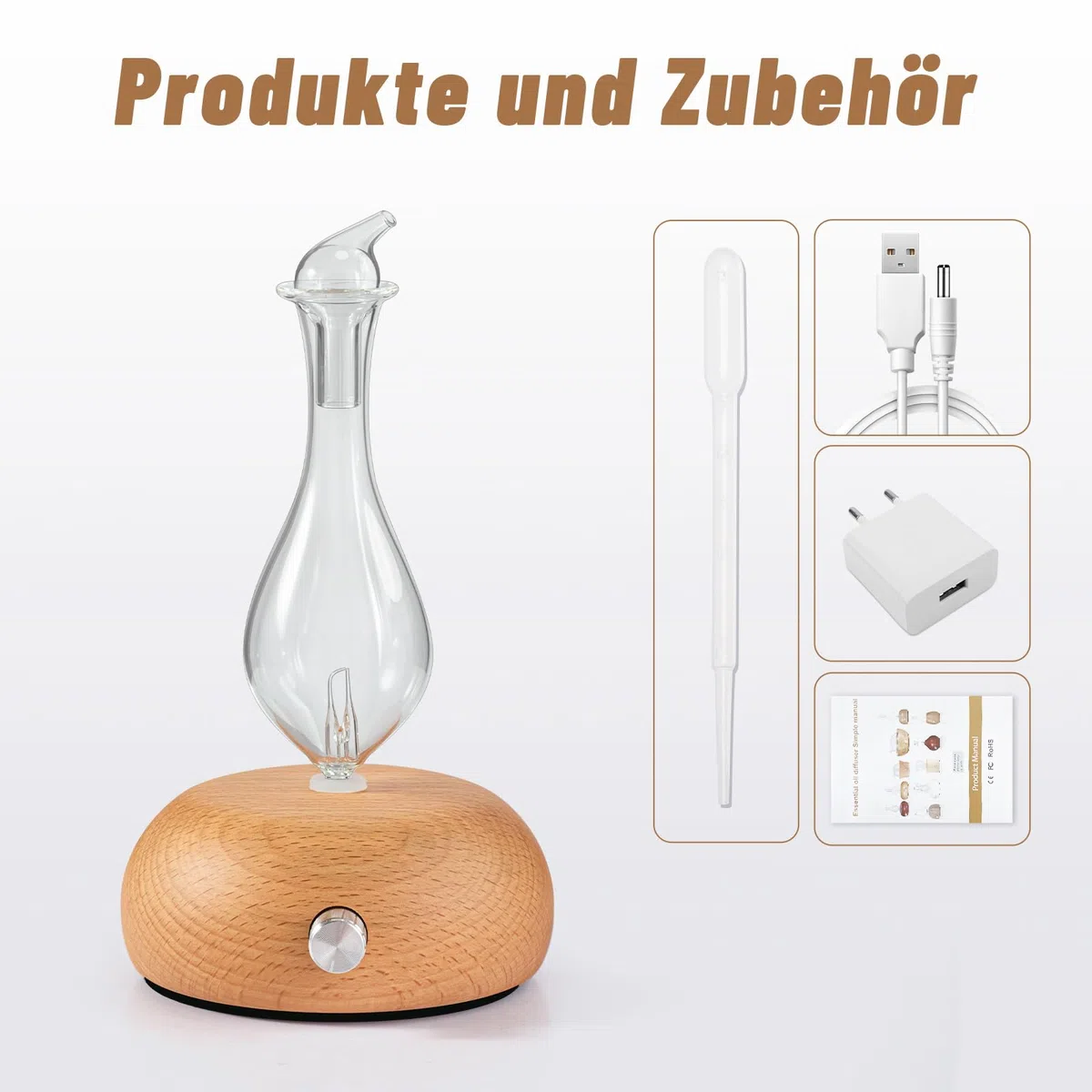 Vernebelungsdiffusor für reines ätherisches Öl, Aromatherapie-Diffusor, Holzsockel & Glasdiffusor für Zuhause, Keine Hitze, kein Wasser