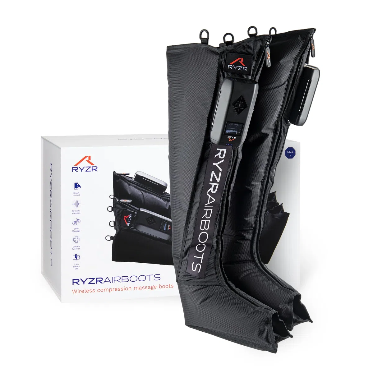 RYZR Airboots (XL) Kabellose Recovery & Kompressions Boots für Beine & Oberschenkel aus dem Profisport– 5-Kammer-System bis 180 mmHg, 5 Modis, Durchblutung, Lymphdrainage & Muskelregeneration