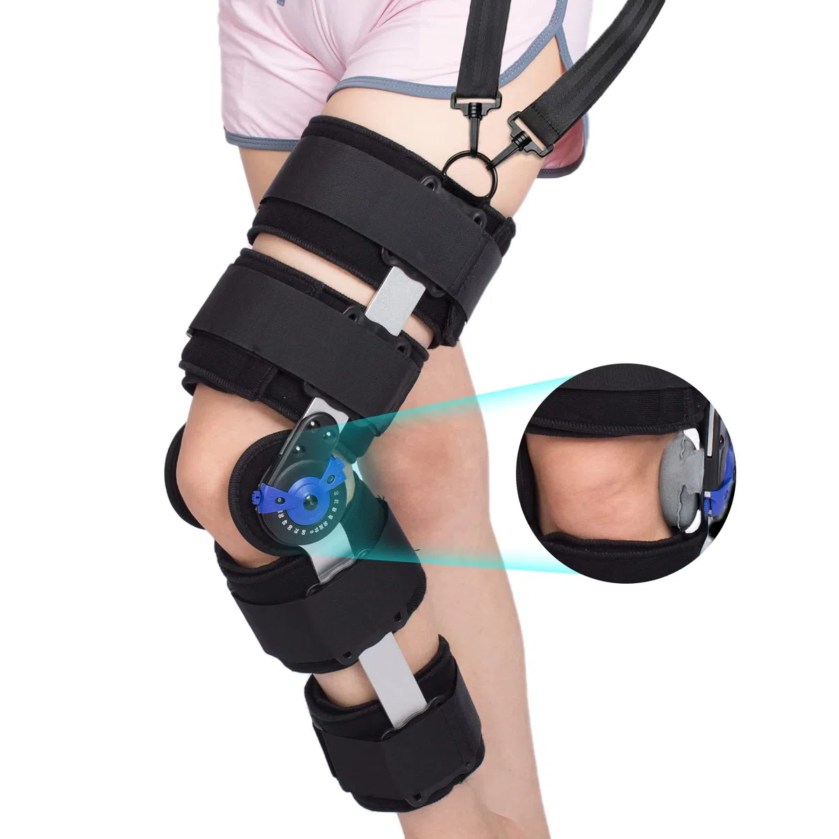 Knieorthese Verstellbare Knieschiene Stabilisierung ROM Post-Op Knie-Wegfahrsperre Verstellbare Knie-Wegfahrsperre mit seitlichen Beinstabilisatoren für Meniskusrisse (Zusätzlicher Schultergurt)