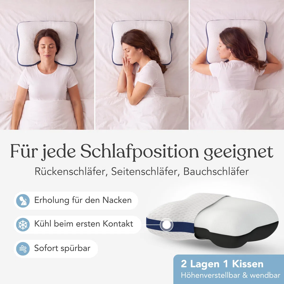 Liebscher & Bracht – kühlendes Nackenstützkissen orthopädisch zur Unterstützung bei Nackenschmerzen 40x55cm – Schlafkissen ergonomisch & höhenverstellbar - mittelfest & fest – Atmungsaktiv & Waschbar