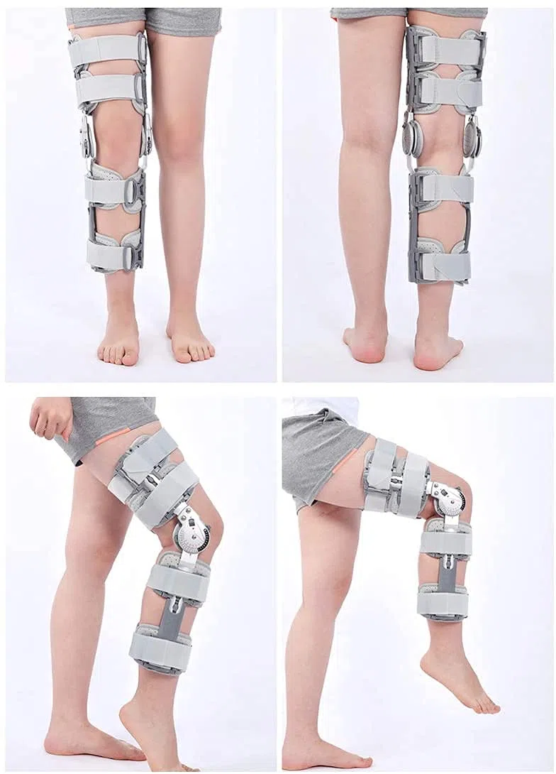 Aufklappbare Rom-Kniebandage mit Riemen, verstellbare Patellabandage nach der Operation, für Acl/Pcl, Bänder verletzt und gebrochen, Universalgröße (Grau)