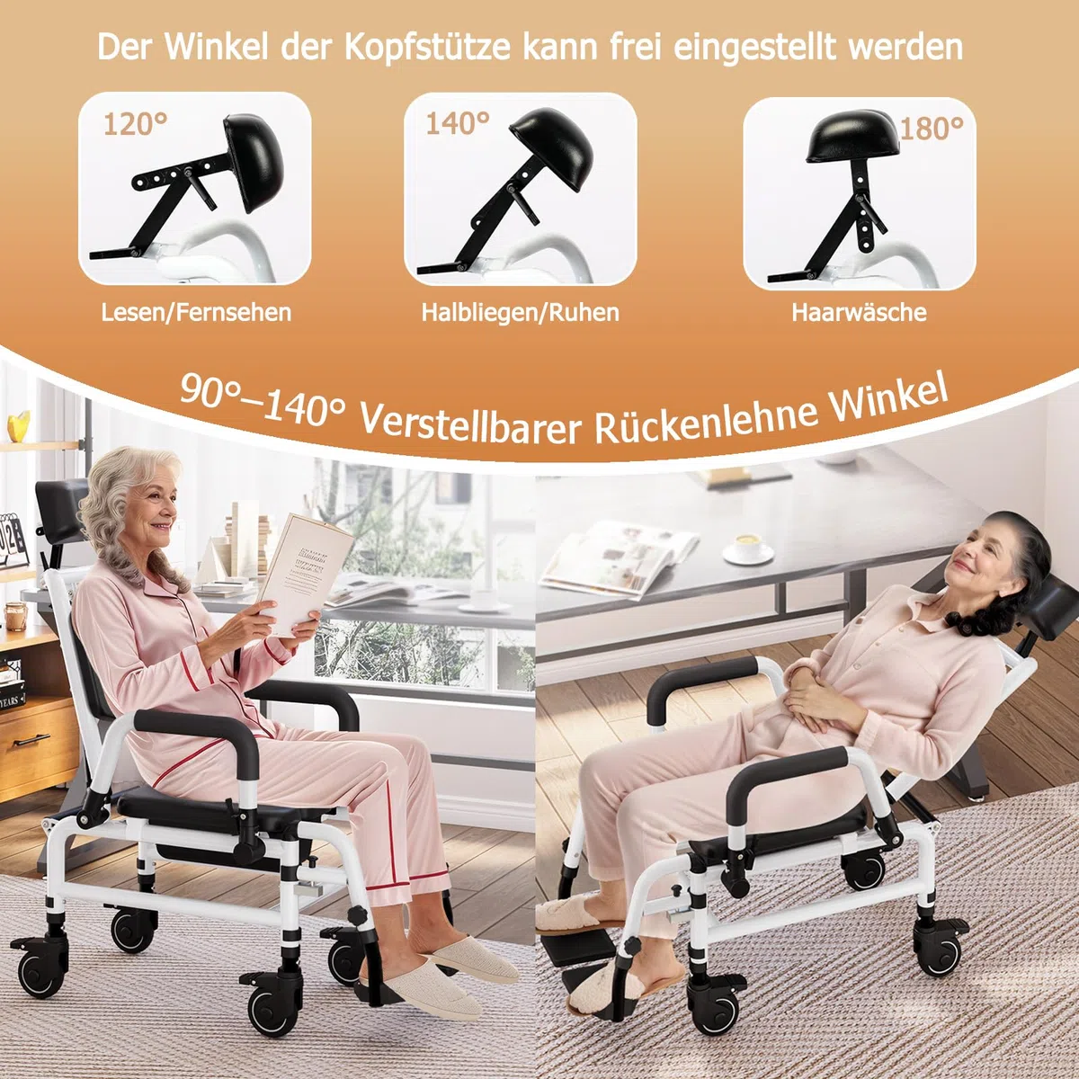 NJUN Duschrollstuhl mit Liegefunktion, Fahrbar Toilettenstuhl für Senioren, Toilettenrollstuhl Fahrbar mit Feststellbare Rollen, Verstellbarer Rückenlehne, Kopfstütze und Toiletteneimer
