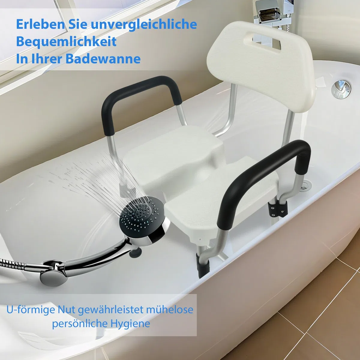 U-förmiger Duschstuhl mit Lehne für die Dusche, Bis 180kg Robuste Dreifach-Stangen-Basisverstärkung mit Arm- und Rückenlehne für Senioren, höhenverstellbar
