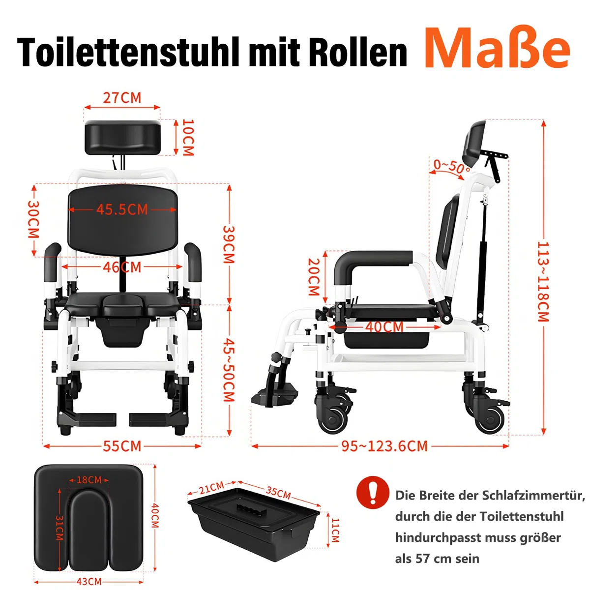 Tragbarer Toilettenstuhl für Senioren,3-in-1 Multifunktions-Duschstuhl mit Rollen,Klappbare Fußstütze,Verstellbare Sitzfläche und Rückenlehne,Toilettenstuhl mit Rollen für Verschiedene Einsatzszenari
