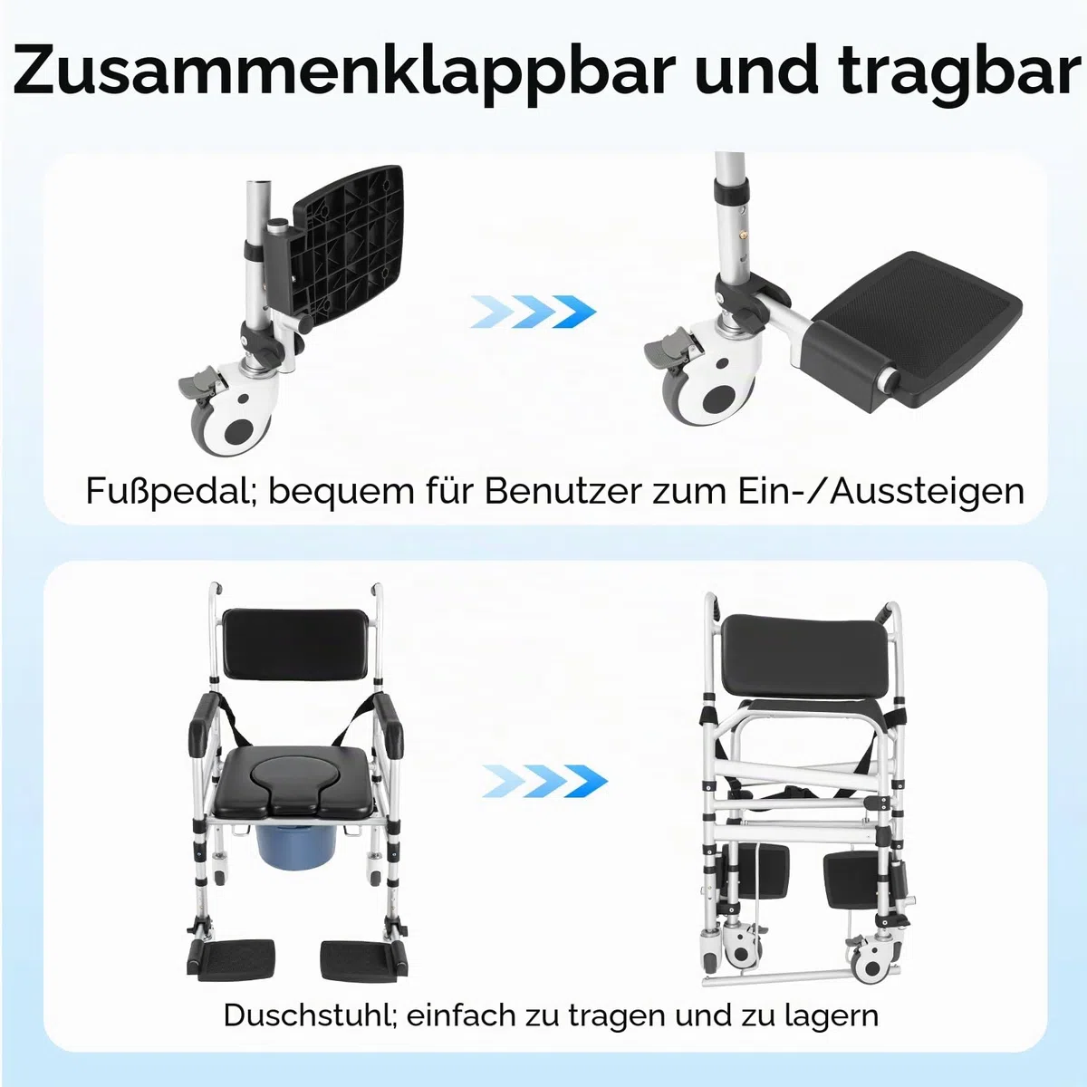 Duschstuhl mit Rollen, 46-54cm Höhenverstellbar Faltbar Toilettenstuhl, Rollstuhl für Toiletten mit Armlehnen, Zimmerrollstuhl Tragfähigkeit 160kg mit Abnehmbarer Eimer für Senioren Behinderte