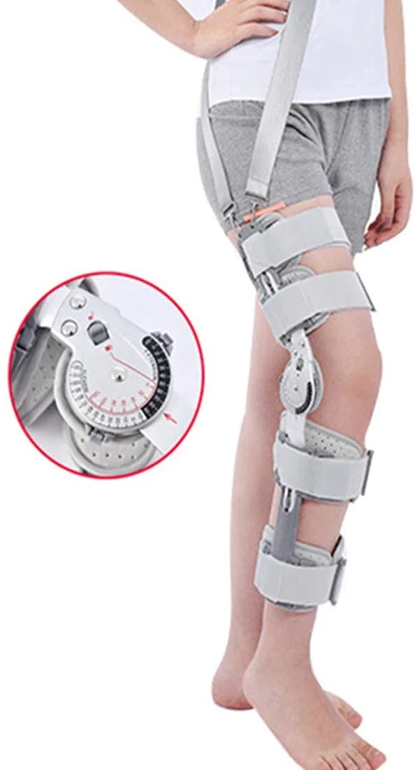Aufklappbare Rom-Kniebandage mit Riemen, verstellbare Patellabandage nach der Operation, für Acl/Pcl, Bänder verletzt und gebrochen, Universalgröße (Grau)
