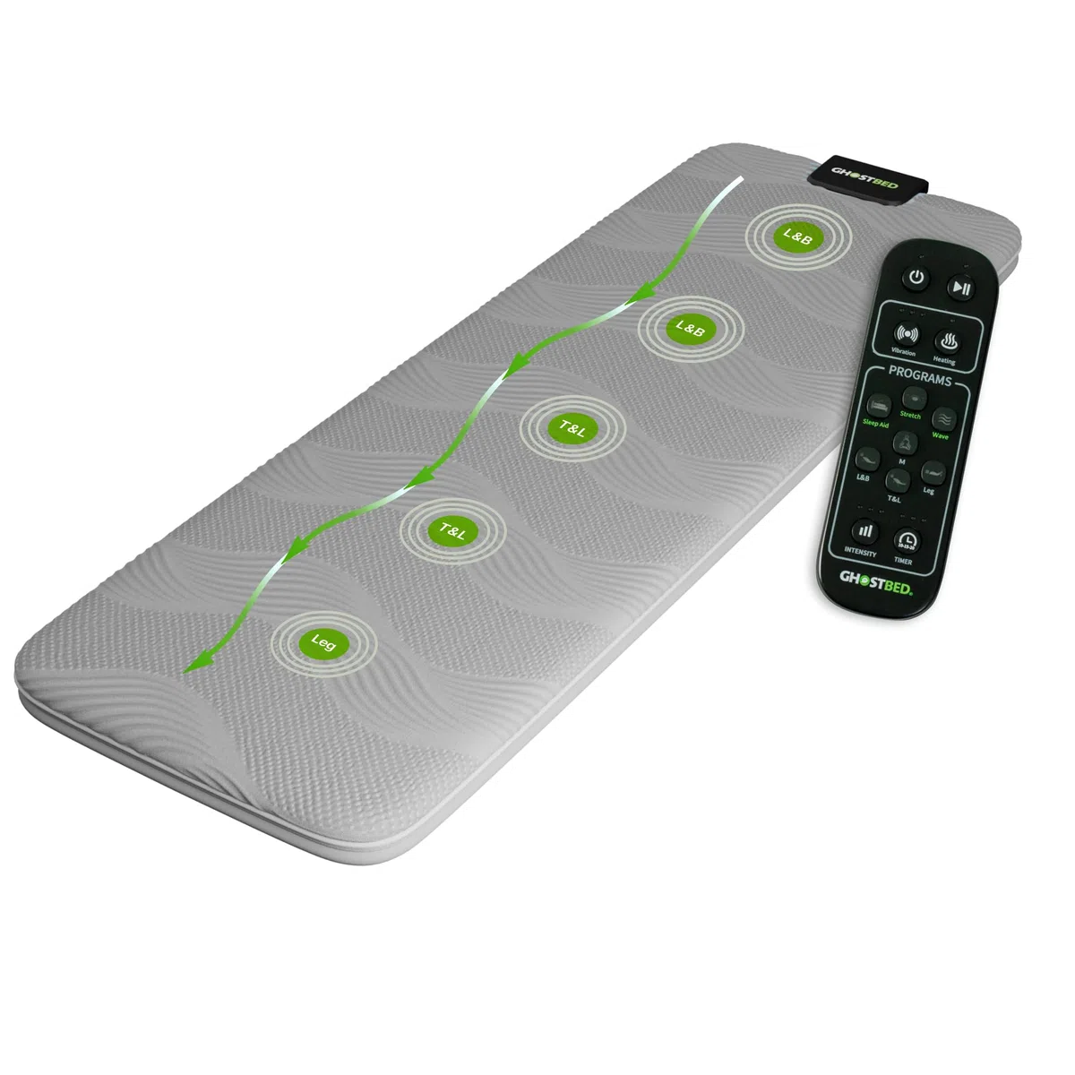 GhostBed Ganzkörper-Massagematte mit 7,6 cm Gel-Memory-Schaum, 7 Programme, beheiztes Massagekissen für Bett, Vibrations- und Wärmetherapie, Massagematten für den ganzen Körper, Bett-Massagegerät,
