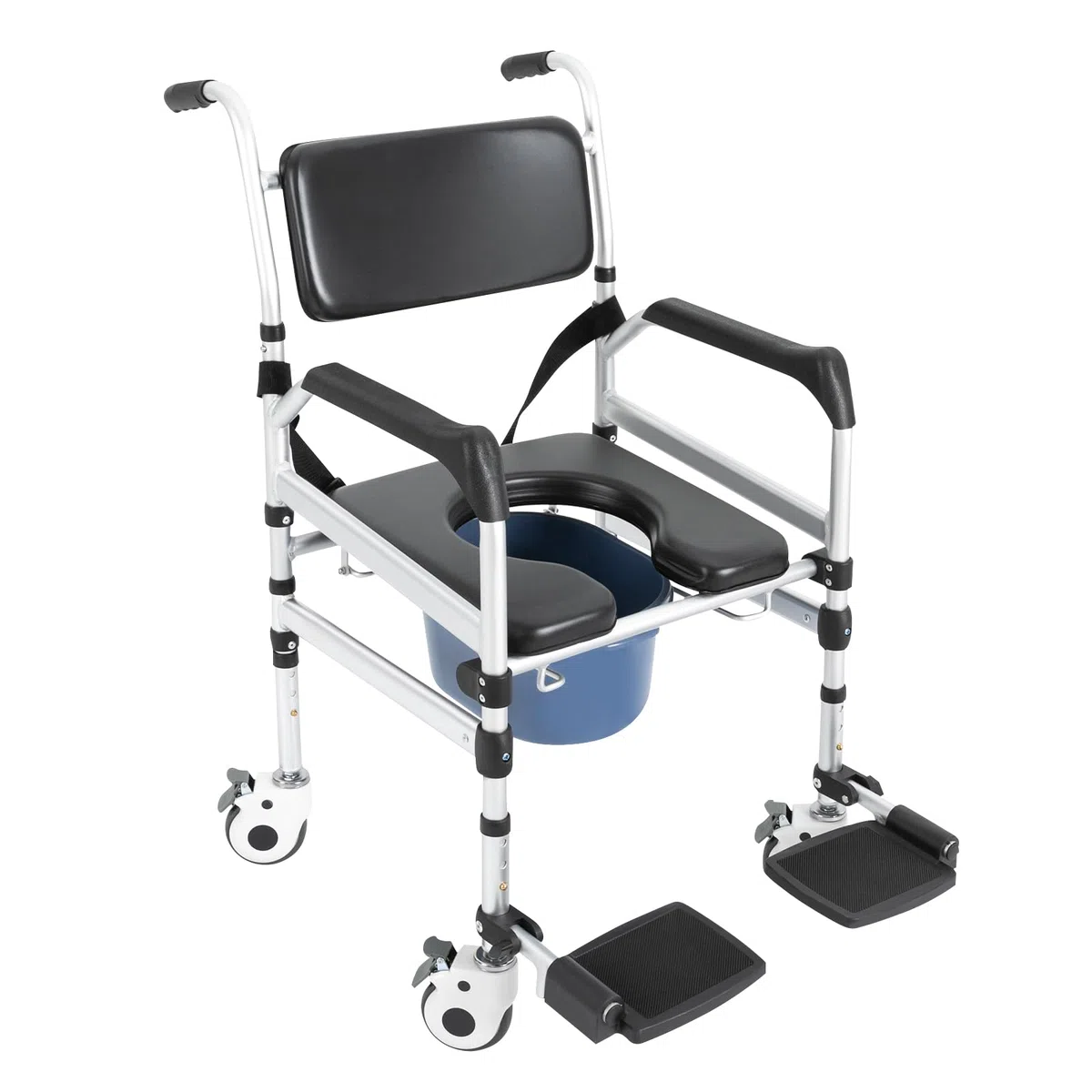 Duschstuhl mit Rollen, 46-54cm Höhenverstellbar Faltbar Toilettenstuhl, Rollstuhl für Toiletten mit Armlehnen, Zimmerrollstuhl Tragfähigkeit 160kg mit Abnehmbarer Eimer für Senioren Behinderte