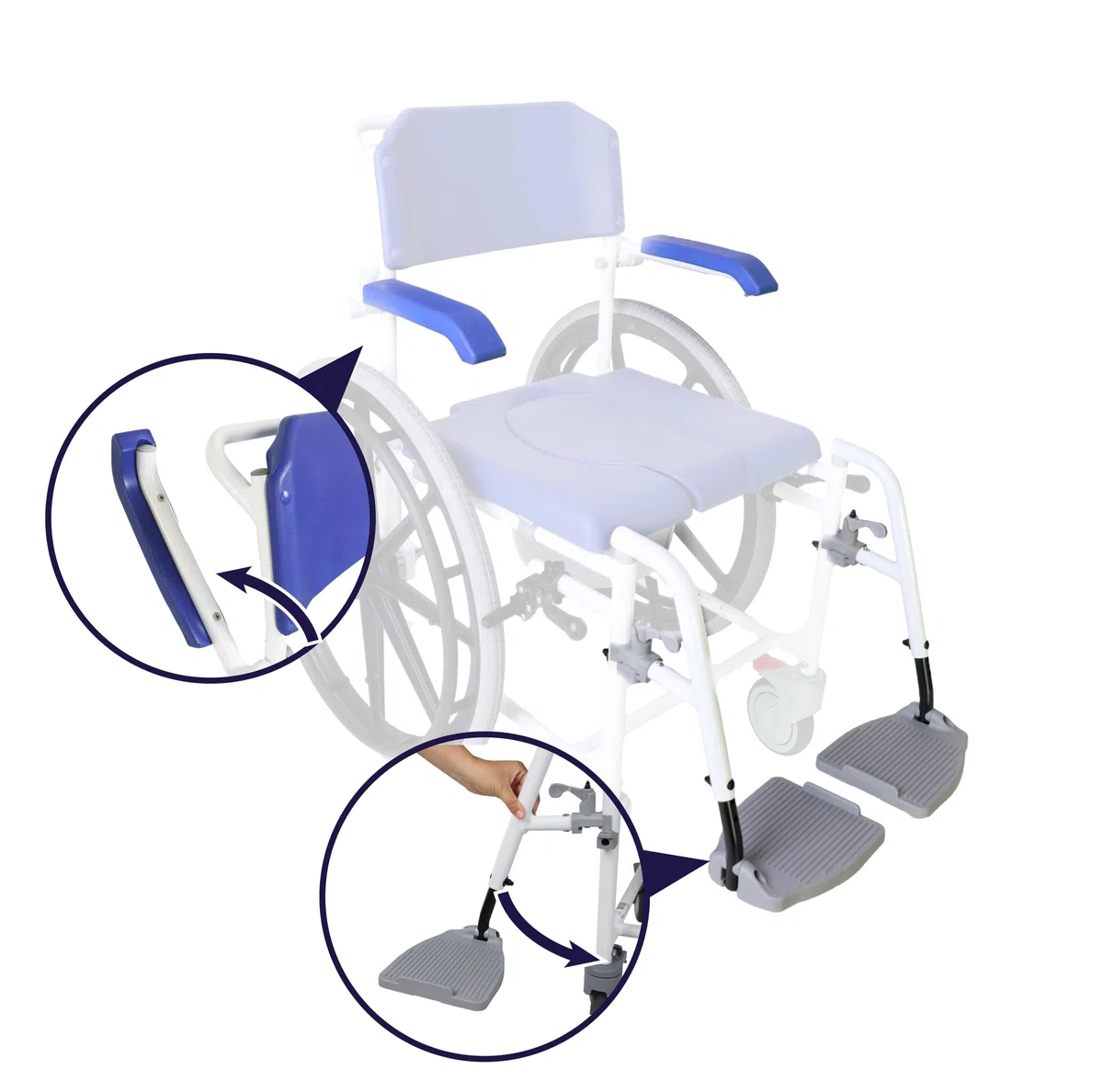 KMINA Selbstfahrender Toilettenstuhl mit Rollen, Duschstuhl 120 kg, Blau