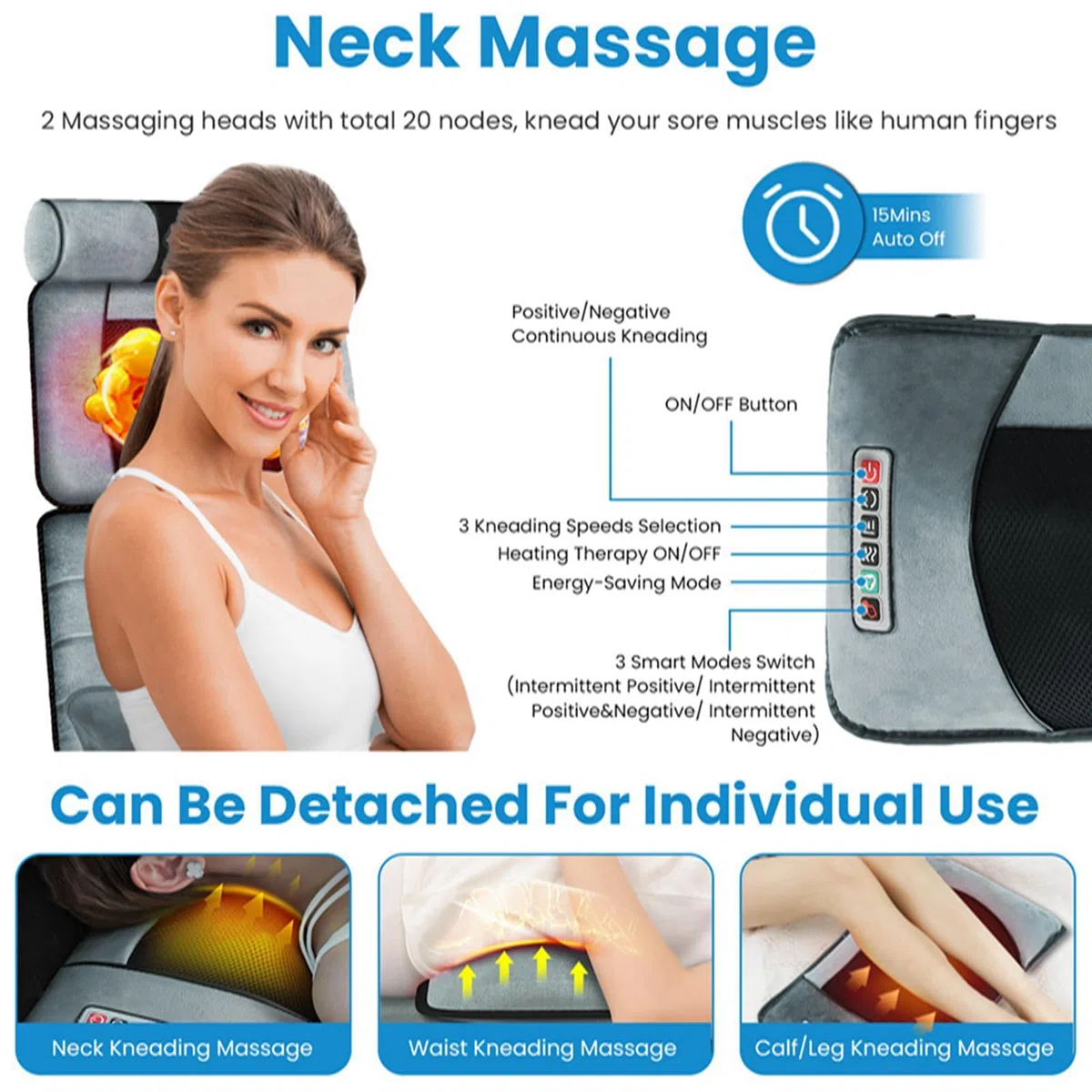 KOCASO Ganzkörper-Massagematte mit Wärme, elektrisch beheiztes Massagekissen mit Vibration für Rücken/Nacken/Fuß, abnehmbares Kopfkissen, Timer-Funktion