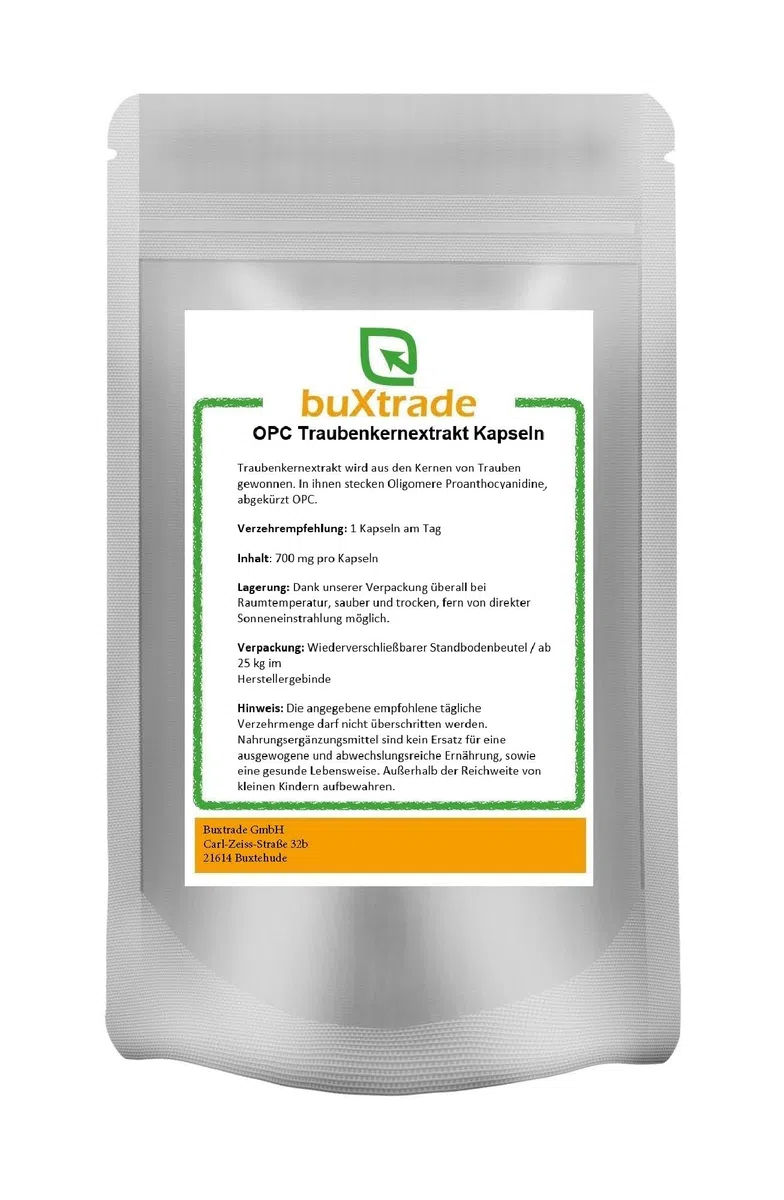 OPC Kapseln 25 kg | Traubenkernextrakt | OPC | Nahrungsergänzungsmittel | Kapsel | 700 mg pro Kapseln | Buxtrade