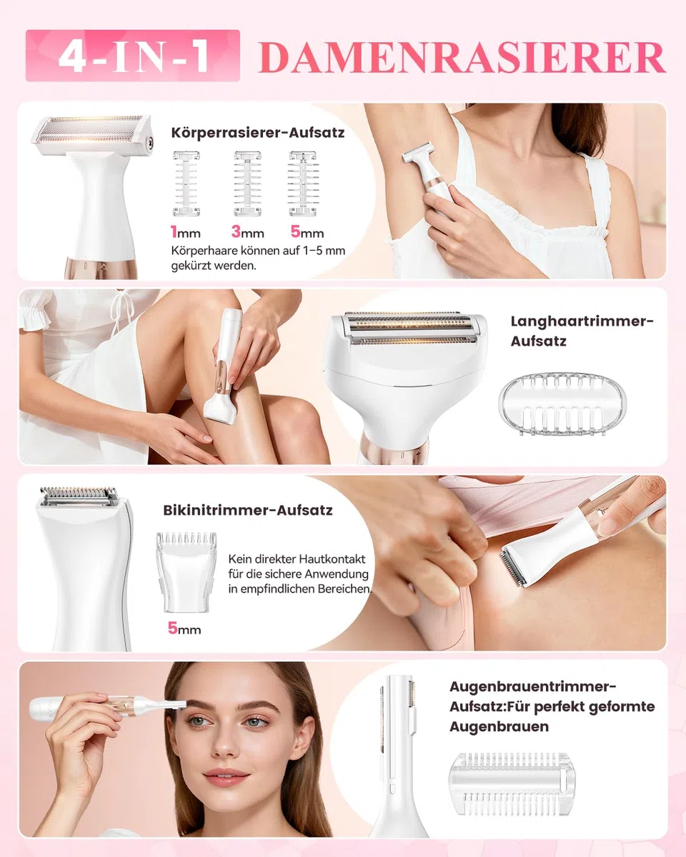 ANLAN Elektrischer Damenrasierer 4 in 1, Intimrasierer Damen & Bikini Trimmer, USB-C Wiederaufladbar, IPX6 Wasserdicht für Nass & Trockenrasur, Körperrasierer für Beine, Achseln, Gesicht & Augenbrauen