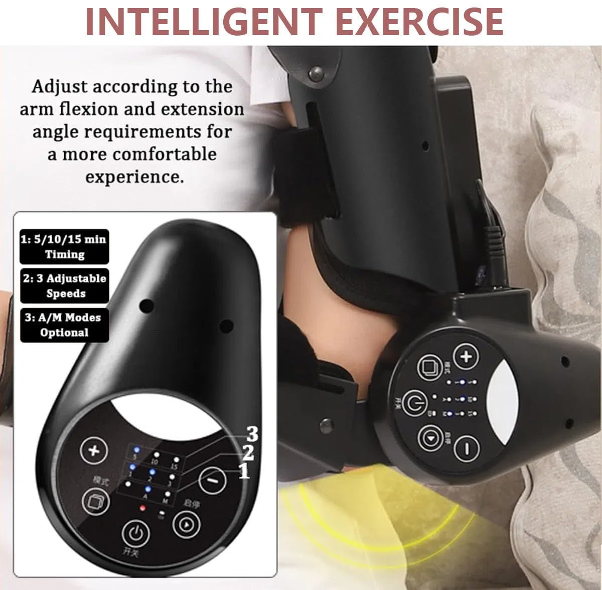 Elektrische Ellenbogenbandage für Rehabilitation, einstellbare Geschwindigkeit und Timer für Erholung nach einem Schlaganfall und Hemiplegie, Scharnier-Design für verbesserte Stabilisierung