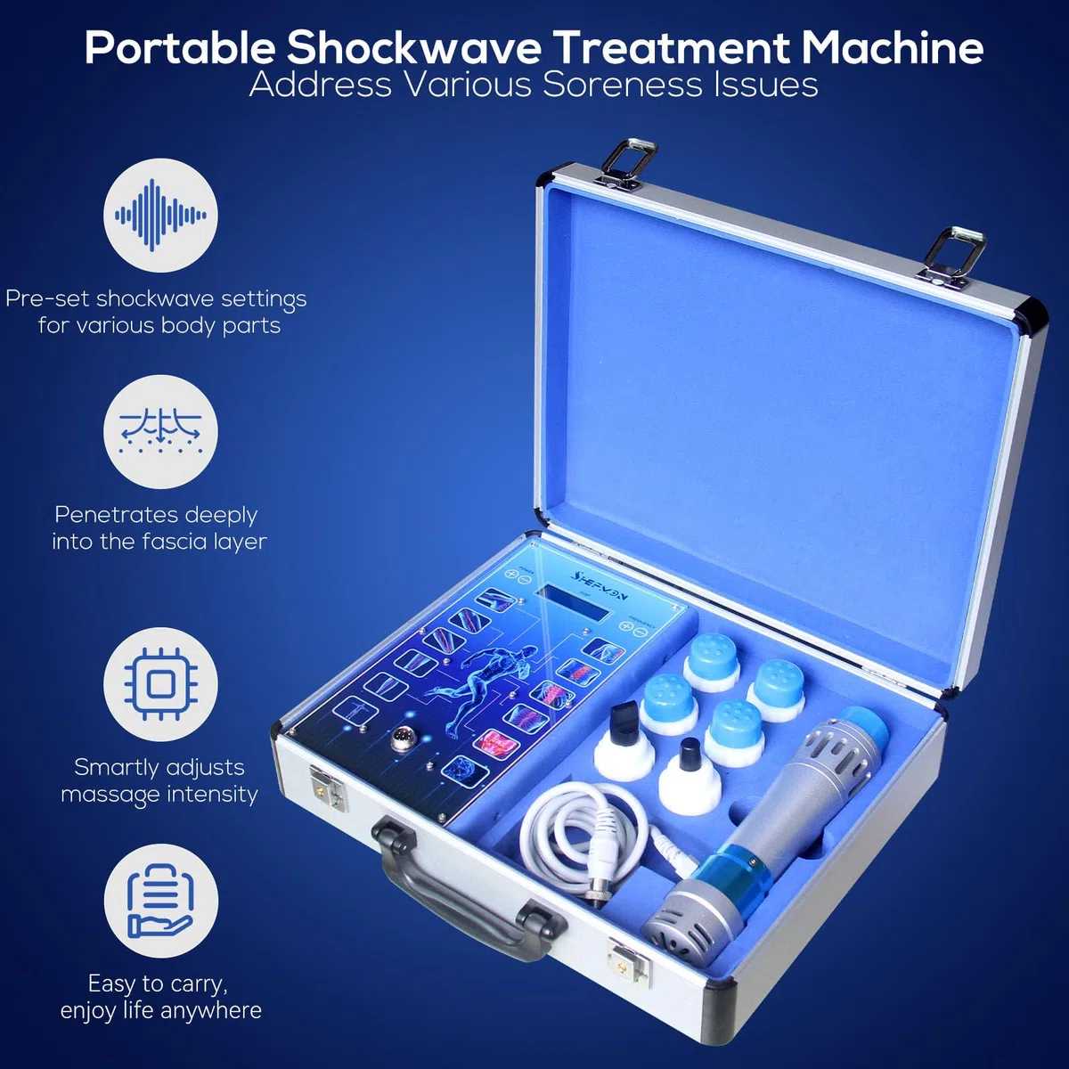 Tragbares Shockwave-Therapiegerät für Körpermuskelmassagegerät, Schmerzlinderung, Rücken, Taille, Bein und Golf, Ellenbogen, Stoßwelle, Tiefengewebe, Schmerzlinderung mit 7 Massageköpfen