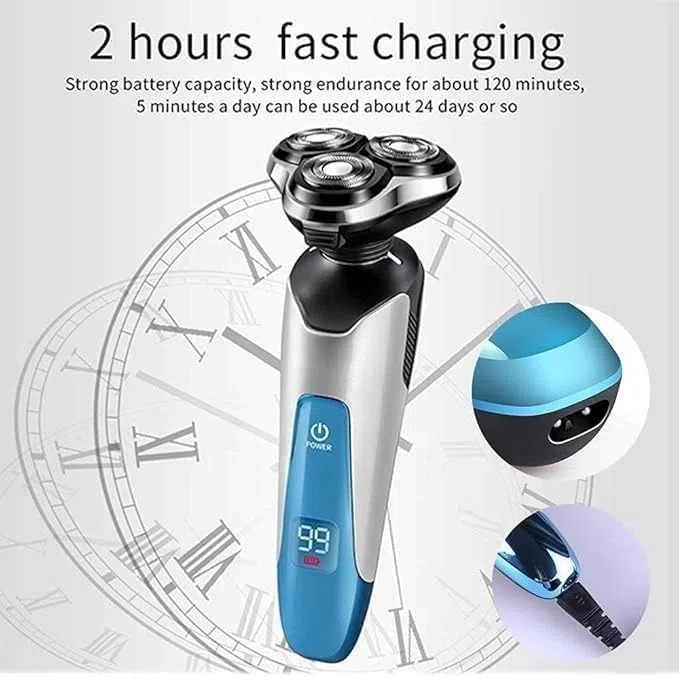 Elektrischer Rasierer für Männer, trocken und nass, wasserdicht, drehbarer Gesichtsrasierer, Gesichtsrasierer, kabellos, Reisen, wiederaufladbar mit Bartschneider, LED-Display für Rasur