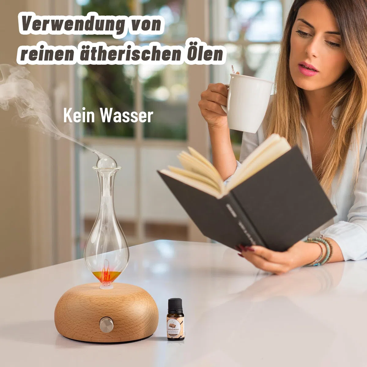 Vernebelungsdiffusor für reines ätherisches Öl, Aromatherapie-Diffusor, Holzsockel & Glasdiffusor für Zuhause, Keine Hitze, kein Wasser