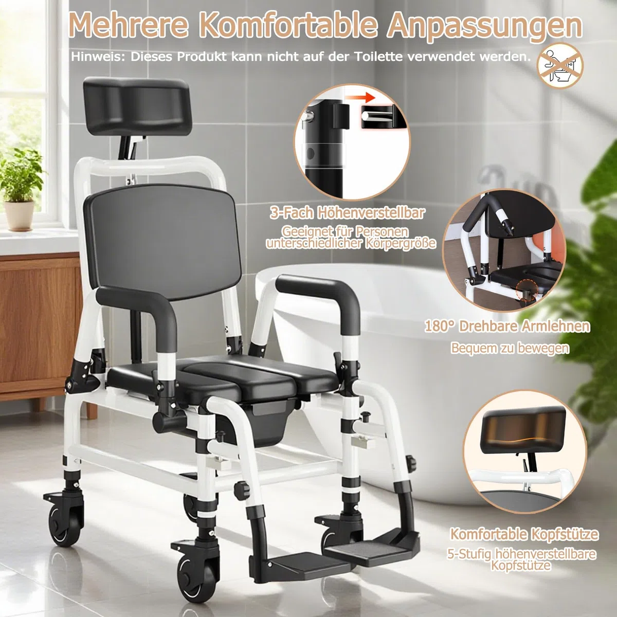 NJUN Duschrollstuhl mit Liegefunktion, Fahrbar Toilettenstuhl für Senioren, Toilettenrollstuhl Fahrbar mit Feststellbare Rollen, Verstellbarer Rückenlehne, Kopfstütze und Toiletteneimer