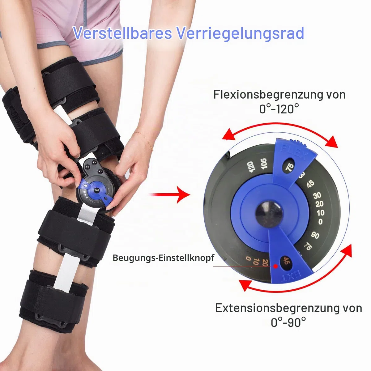 Knieorthese Verstellbare Knieschiene Stabilisierung ROM Post-Op Knie-Wegfahrsperre Verstellbare Knie-Wegfahrsperre mit seitlichen Beinstabilisatoren für Meniskusrisse (Zusätzlicher Schultergurt)
