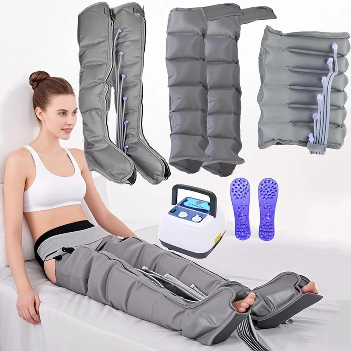 Elektrisches Luftkompressionsmassagegerät, Lymphdrainagegerät, Schmerzlinderung für Ganzkörper, Taille, Beine und Arme, Timer-Funktion (6 Kammern, 2 Beine + 2 Arme + Taille)