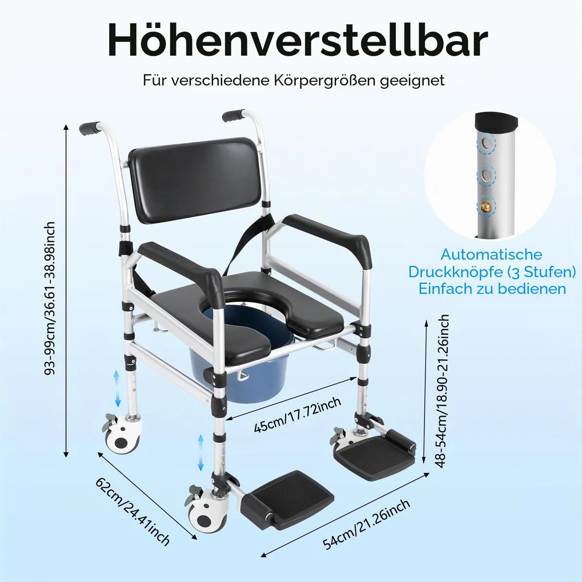 Duschstuhl mit Rollen, 46-54cm Höhenverstellbar Faltbar Toilettenstuhl, Rollstuhl für Toiletten mit Armlehnen, Zimmerrollstuhl Tragfähigkeit 160kg mit Abnehmbarer Eimer für Senioren Behinderte