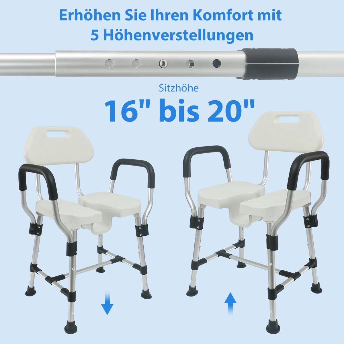 U-förmiger Duschstuhl mit Lehne für die Dusche, Bis 180kg Robuste Dreifach-Stangen-Basisverstärkung mit Arm- und Rückenlehne für Senioren, höhenverstellbar
