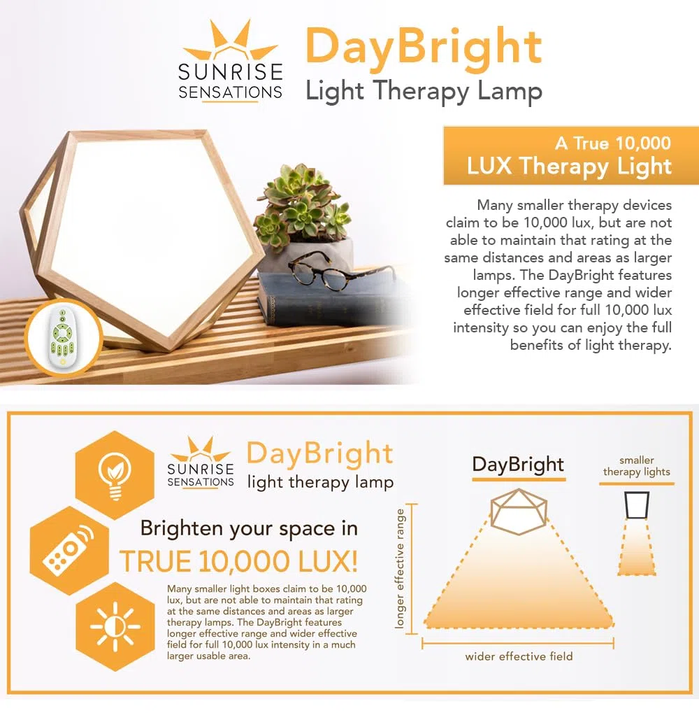 DayBright Light Therapy Lamp Full Spectrum, 10,000 LUX, UV-Free, Full Size, Adjustable Light Crafted from Solid Wood