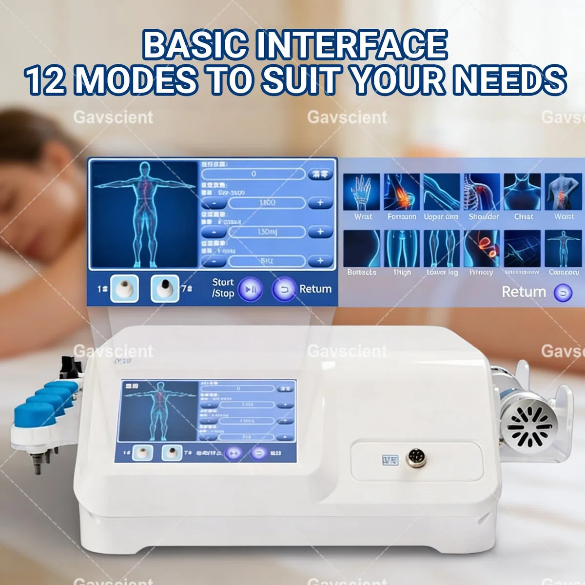 Stoßwellengerät zur Schmerzlinderung, multifunktionales Ganzkörpermassagegerät, 5 Massageköpfe und HD-Touchscreen, für den Heim- und professionellen Gebrauch