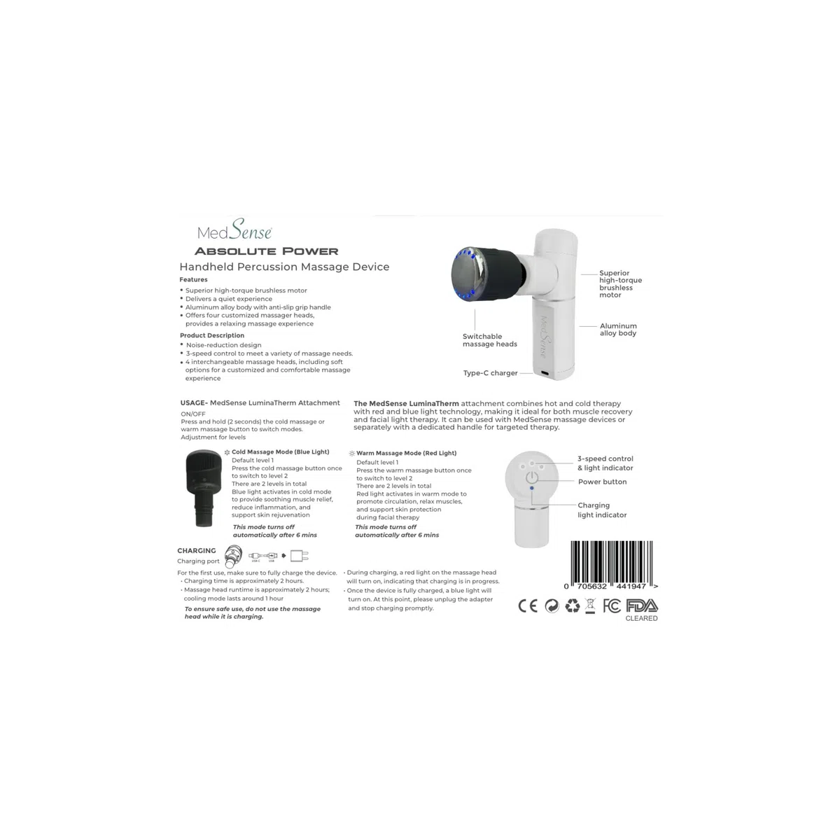 Medsense Absolute Power - Road Warrior Massagepistole mit LuminaTherm Aufsatz (Rot/Blaues Licht + Heiß/Kalt) - Deep Tissue Percussion Massagegerät, USB-C Aufladung, 5 Stunden Akku, 5 Jahre Garantie