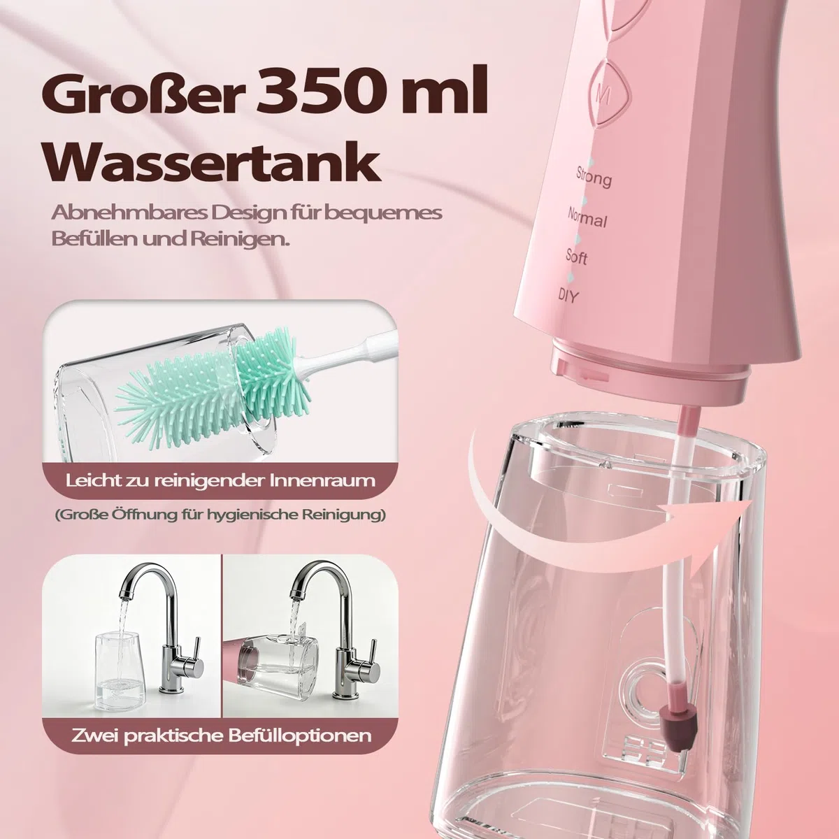 OasiSmile Kabellose Elektrische Munddusche, 4 Modi DIY Druck & 5 Düsen,Rosa