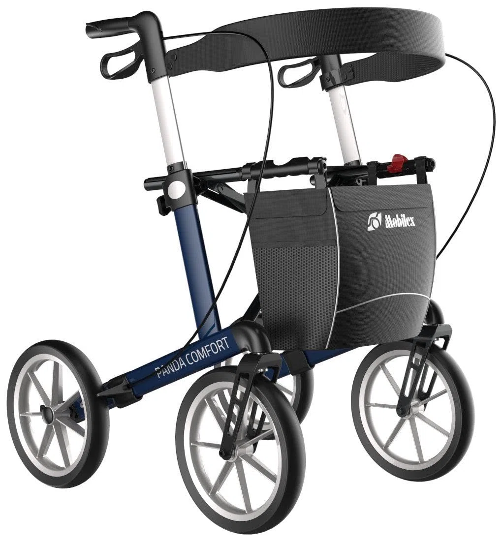 FabaCare Outdoor-Rollator mit Vollausstattung und Feststellbremse, Leichtgewichtrollator Panda Comfort mit Softrädern, Indoor-Rollator, faltbar, abnehmbare Tasche, Rückengurt, Stockhalter, Farbe blau