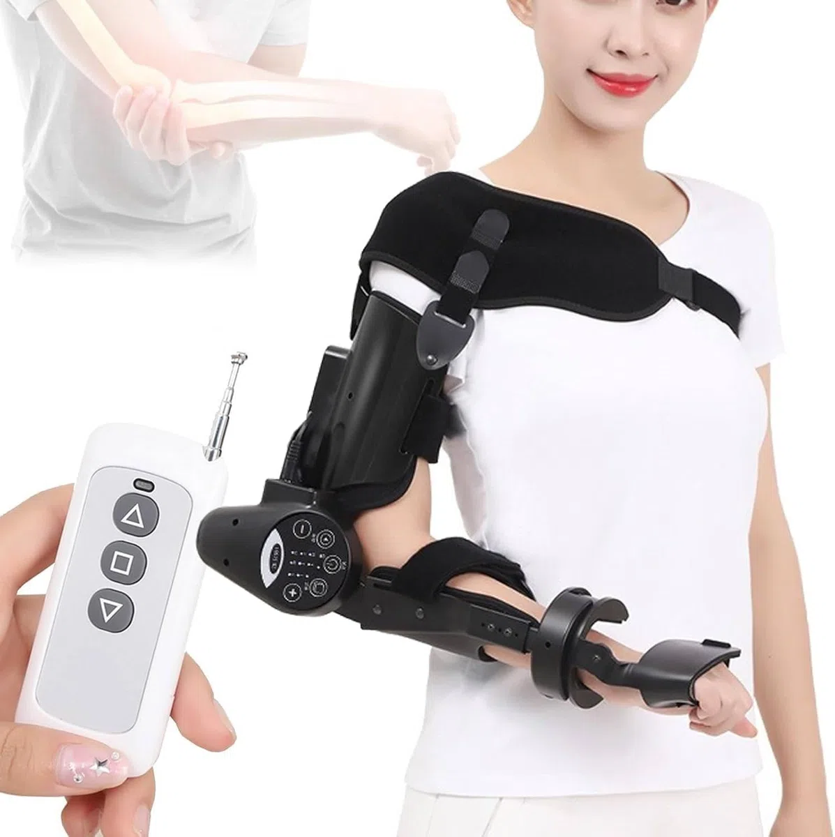 Elektrische Ellenbogenbandage für Rehabilitation, einstellbare Geschwindigkeit und Timer für Erholung nach einem Schlaganfall und Hemiplegie, Scharnier-Design für verbesserte Stabilisierung