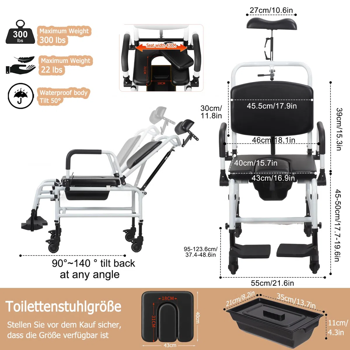 NJUN Duschrollstuhl mit Liegefunktion, Fahrbar Toilettenstuhl für Senioren, Toilettenrollstuhl Fahrbar mit Feststellbare Rollen, Verstellbarer Rückenlehne, Kopfstütze und Toiletteneimer