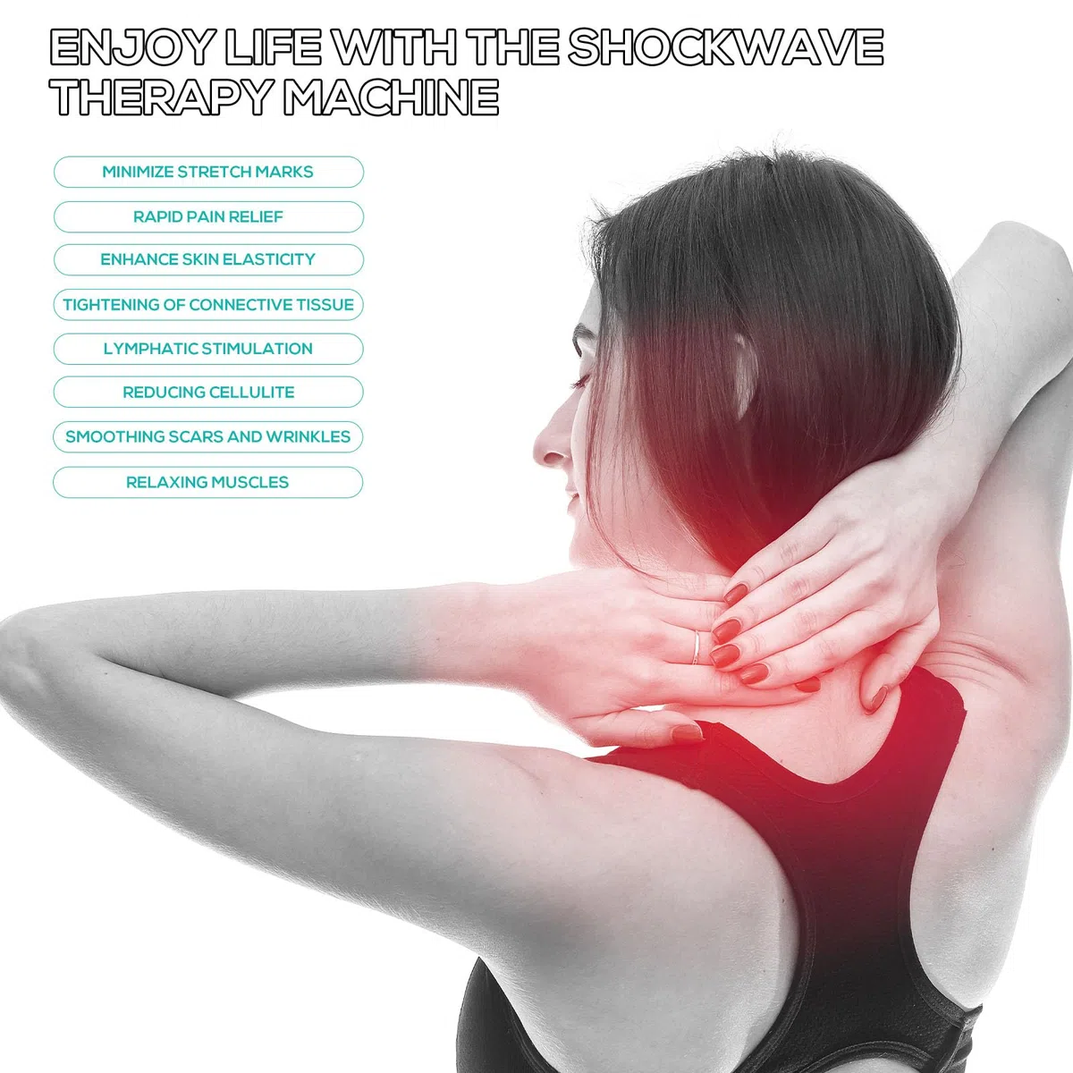 Tragbares Shockwave-Therapiegerät für Körpermuskelmassagegerät, Schmerzlinderung, Rücken, Taille, Bein und Golf, Ellenbogen, Stoßwelle, Tiefengewebe, Schmerzlinderung mit 7 Massageköpfen