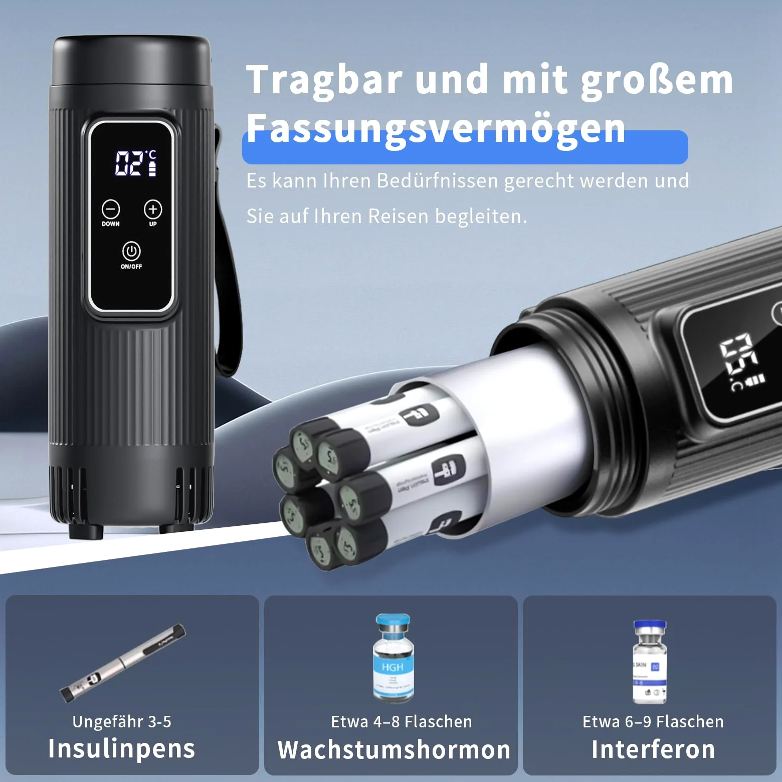 Insulin Kühltasche, Insulin Kühlbox Tragbare mit 2 Batterien,Kältetechnik Raum für Auto, Reisen, Zuhause Medizinische Kühltasche