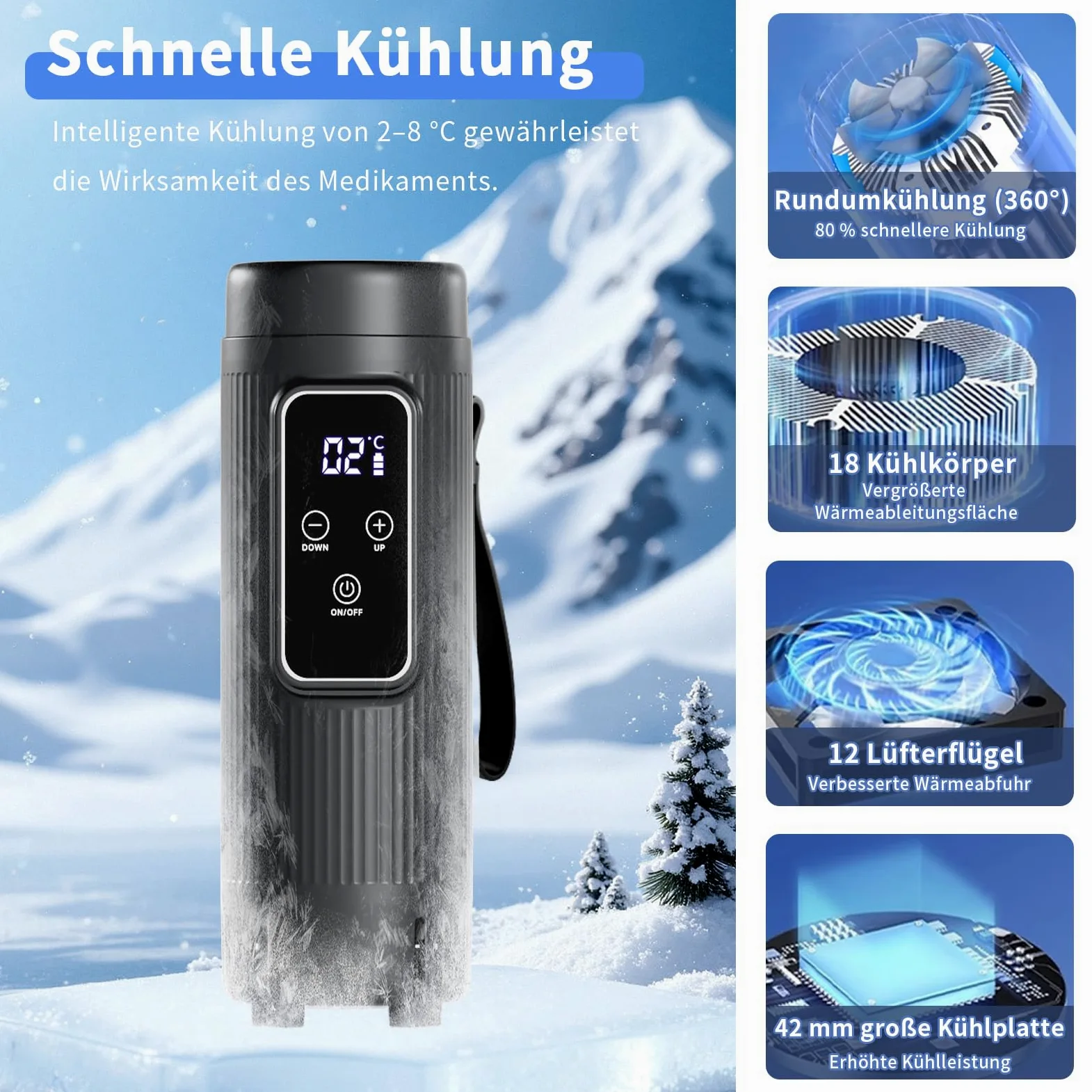 Insulin Kühltasche, Insulin Kühlbox Tragbare mit 2 Batterien,Kältetechnik Raum für Auto, Reisen, Zuhause Medizinische Kühltasche