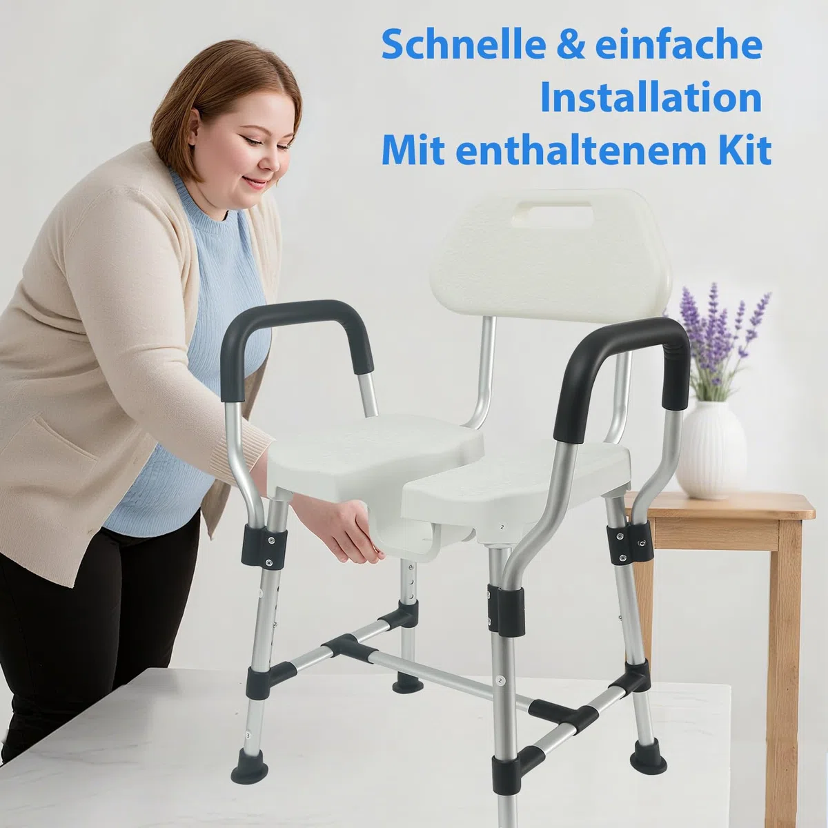U-förmiger Duschstuhl mit Lehne für die Dusche, Bis 180kg Robuste Dreifach-Stangen-Basisverstärkung mit Arm- und Rückenlehne für Senioren, höhenverstellbar