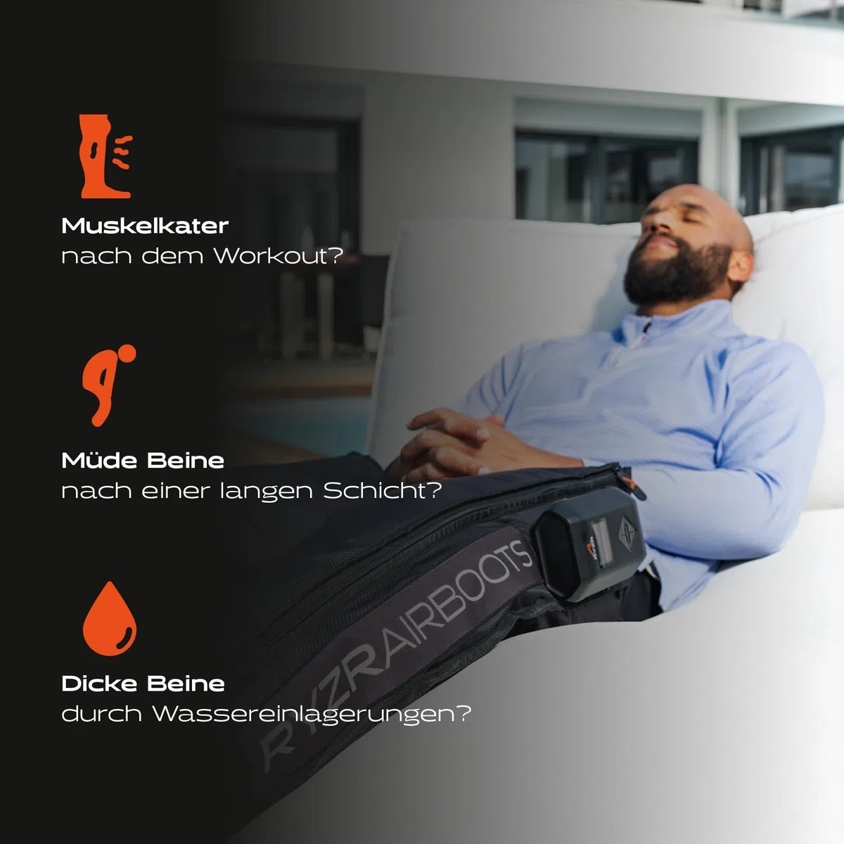 RYZR Airboots (XL) Kabellose Recovery & Kompressions Boots für Beine & Oberschenkel aus dem Profisport– 5-Kammer-System bis 180 mmHg, 5 Modis, Durchblutung, Lymphdrainage & Muskelregeneration