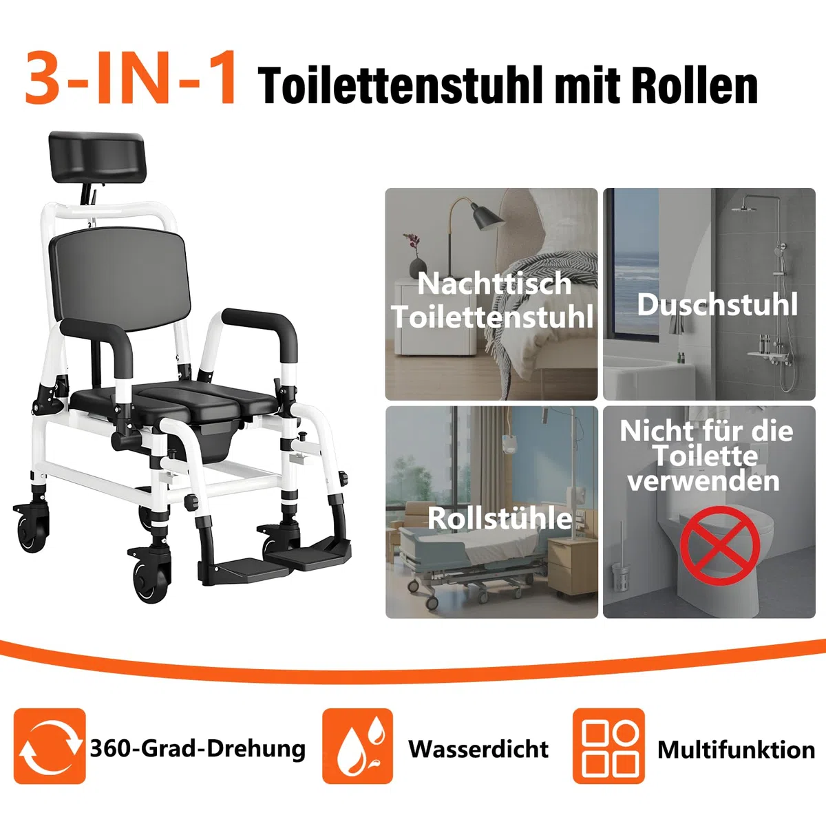 Tragbarer Toilettenstuhl für Senioren,3-in-1 Multifunktions-Duschstuhl mit Rollen,Klappbare Fußstütze,Verstellbare Sitzfläche und Rückenlehne,Toilettenstuhl mit Rollen für Verschiedene Einsatzszenari