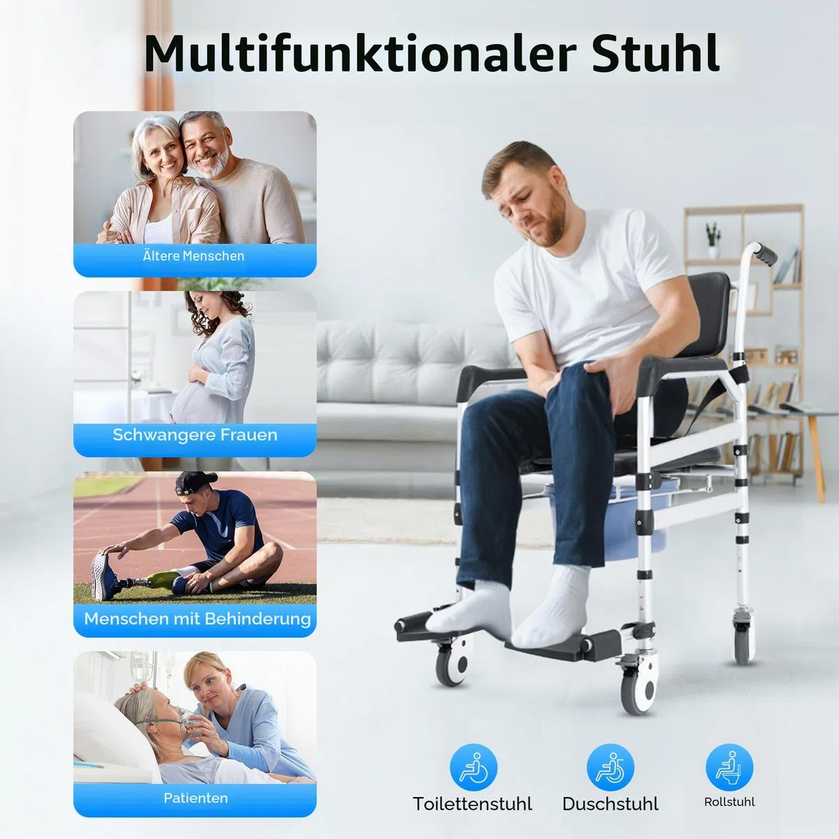 Duschstuhl mit Rollen, 46-54cm Höhenverstellbar Faltbar Toilettenstuhl, Rollstuhl für Toiletten mit Armlehnen, Zimmerrollstuhl Tragfähigkeit 160kg mit Abnehmbarer Eimer für Senioren Behinderte