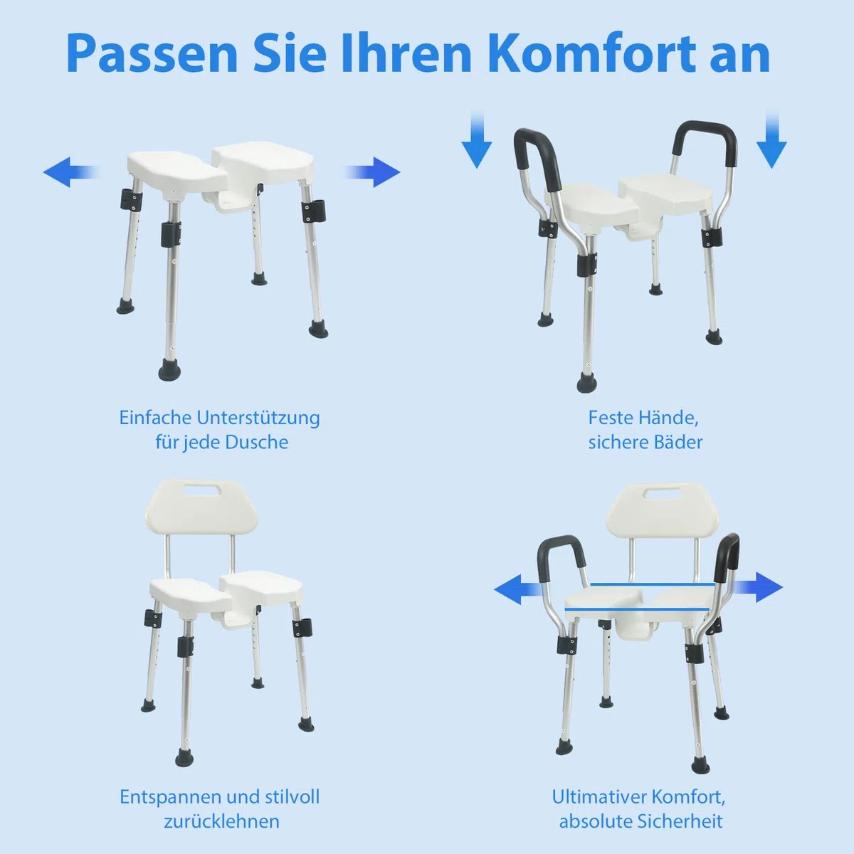 U-förmiger Duschstuhl mit Lehne für die Dusche, Bis 180kg Robuste Dreifach-Stangen-Basisverstärkung mit Arm- und Rückenlehne für Senioren, höhenverstellbar