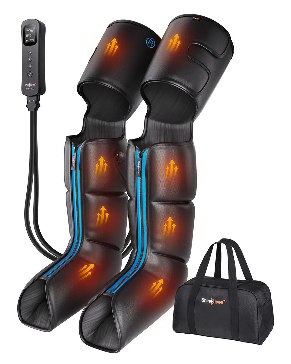 SHINE WELL Beinmassagegerät mit Wärme und Kompression, Beinmassagegerät zur Durchblutung und Schmerzlinderung, Vollbeinmassagegerät mit 3 Wärme 3 Modi 3 Intensitäten, für Sportler Läufer Radfahrer,
