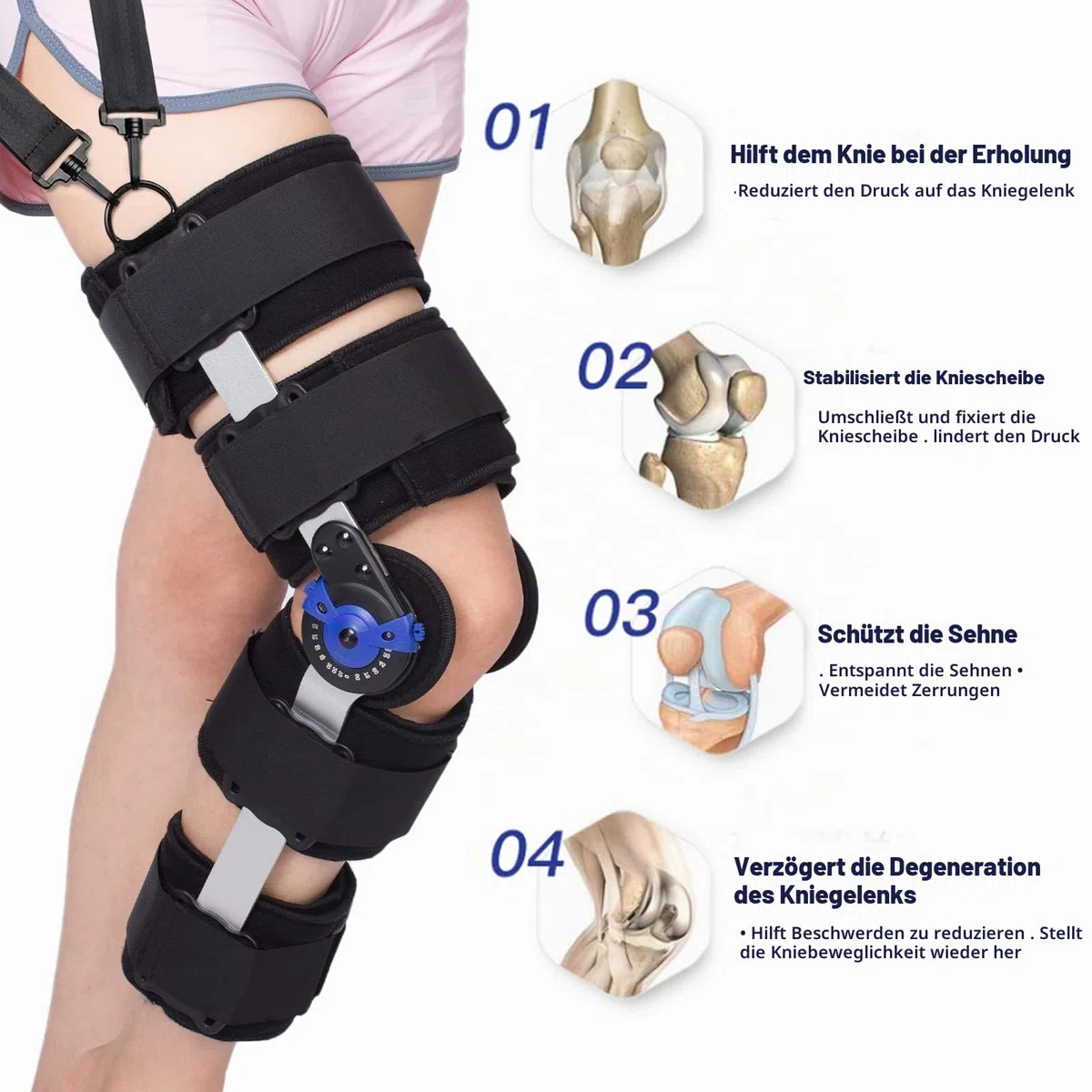 Knieorthese Verstellbare Knieschiene Stabilisierung ROM Post-Op Knie-Wegfahrsperre Verstellbare Knie-Wegfahrsperre mit seitlichen Beinstabilisatoren für Meniskusrisse (Zusätzlicher Schultergurt)
