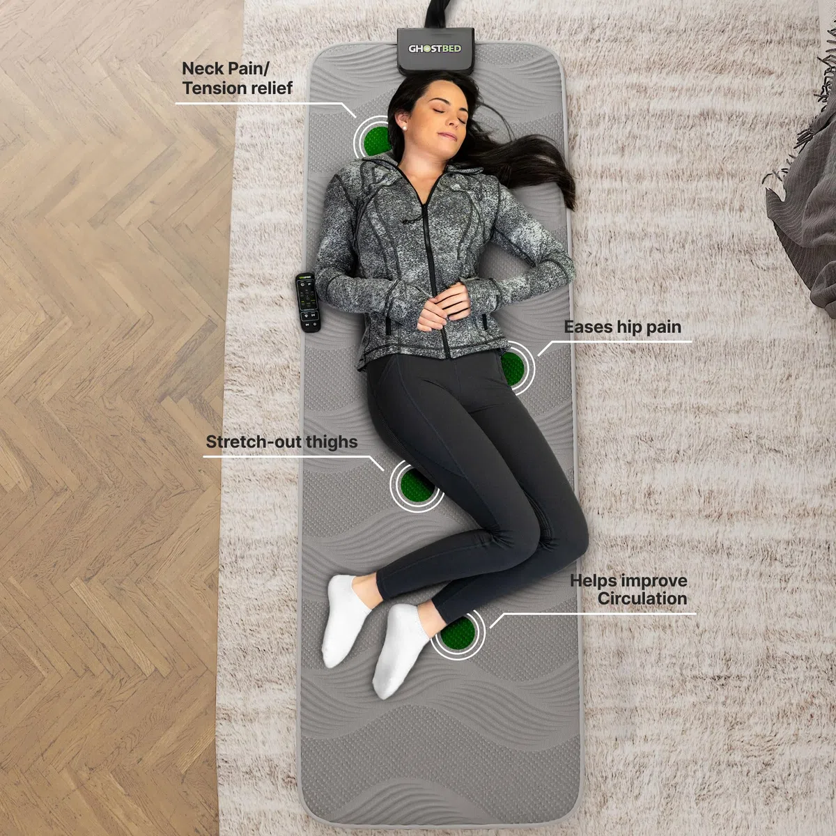 GhostBed Ganzkörper-Massagematte mit 7,6 cm Gel-Memory-Schaum, 7 Programme, beheiztes Massagekissen für Bett, Vibrations- und Wärmetherapie, Massagematten für den ganzen Körper, Bett-Massagegerät,