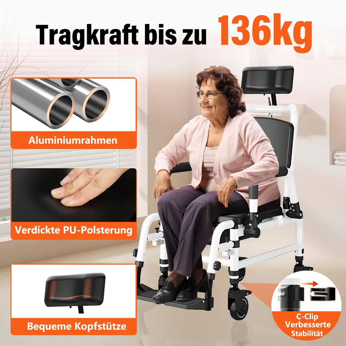 Tragbarer Toilettenstuhl für Senioren,3-in-1 Multifunktions-Duschstuhl mit Rollen,Klappbare Fußstütze,Verstellbare Sitzfläche und Rückenlehne,Toilettenstuhl mit Rollen für Verschiedene Einsatzszenari