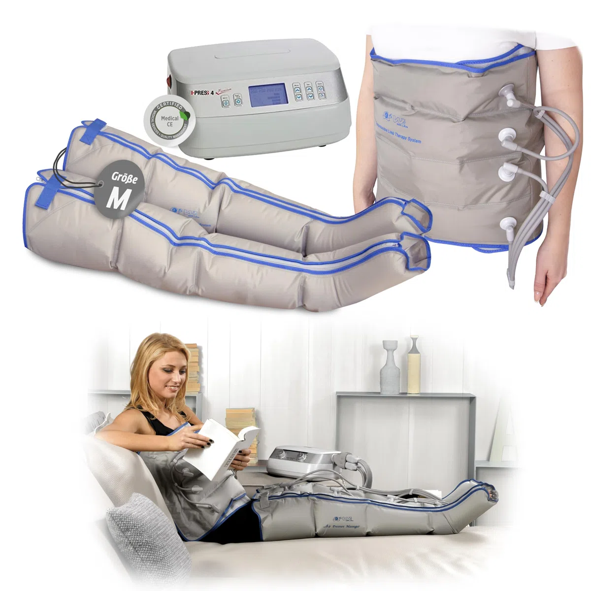 I-press4 premium Lymphdrainage-gerät Größe M für Beine und Bauch 5 Programme Speicherfunktion Medizinisches Gerät für Heimanwendung und Physiotherapie -*##